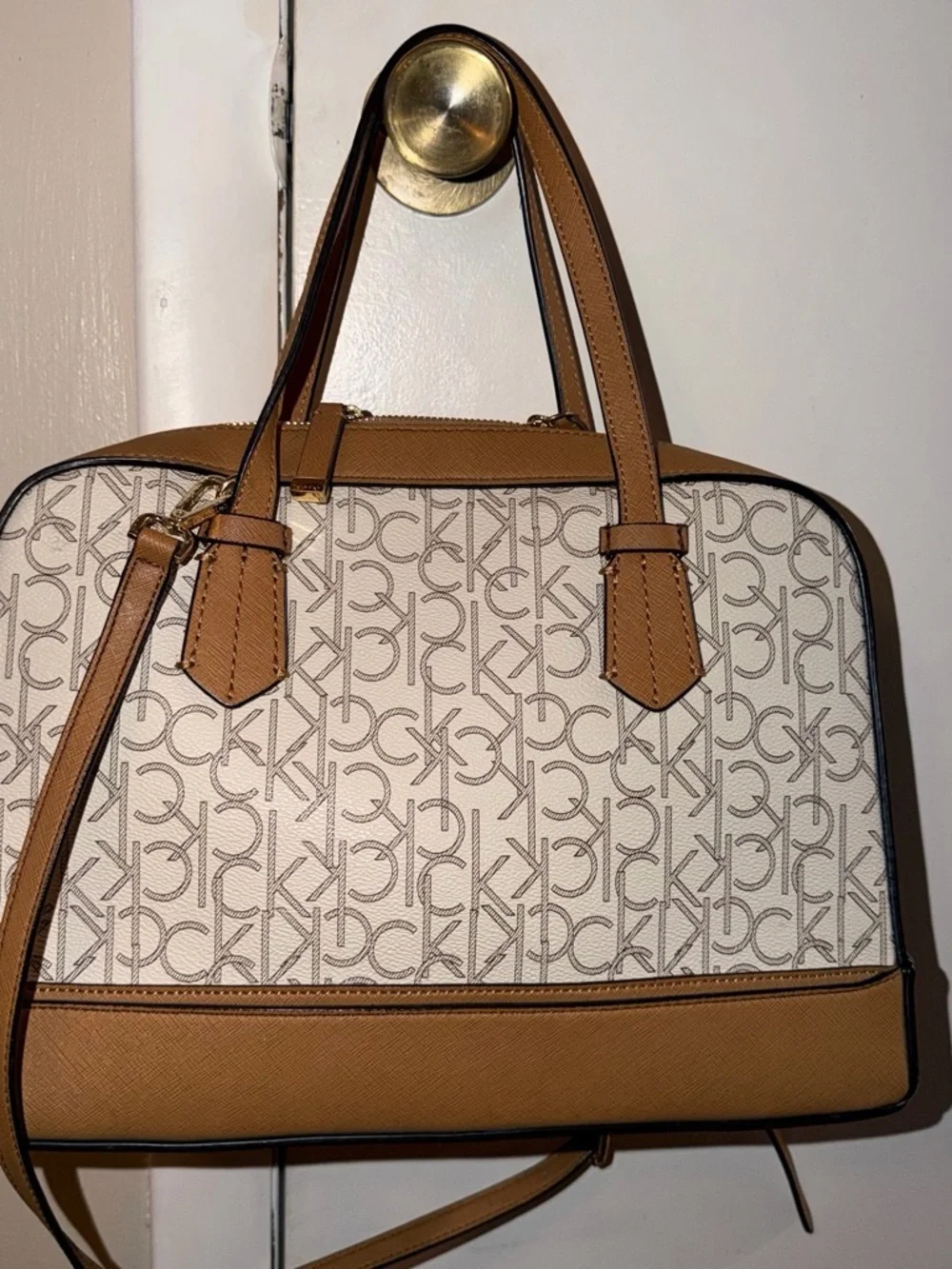 Calvin Klein Tan and Ivory CK Logo Satchel
